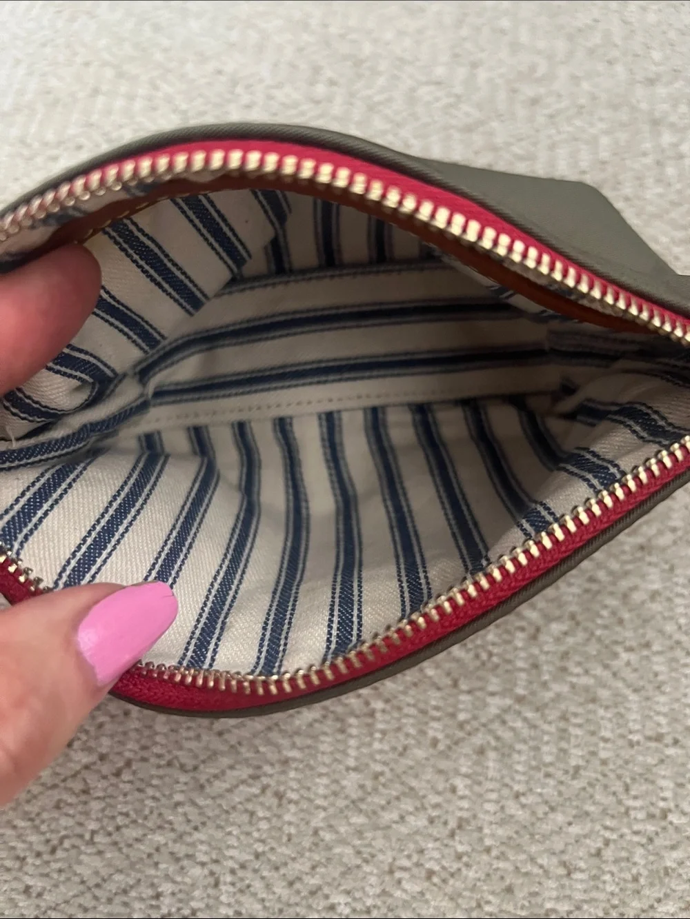 Dooney & Bourke Olive Nylon Cosmetic Pouch with Red Zipper and Leather Logo